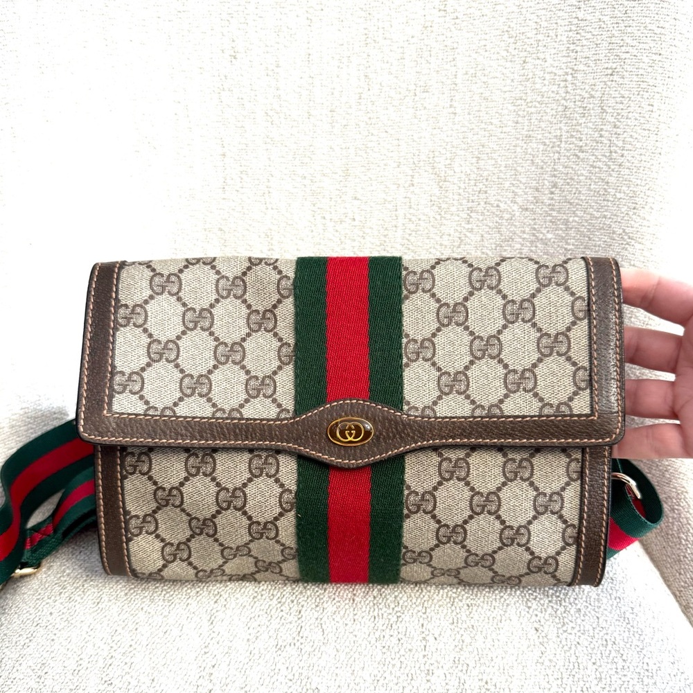 Gucci Beige GG Canvas Crossbody with Green and Red Web Stripe and Brown Trim - Picture 5 of 16